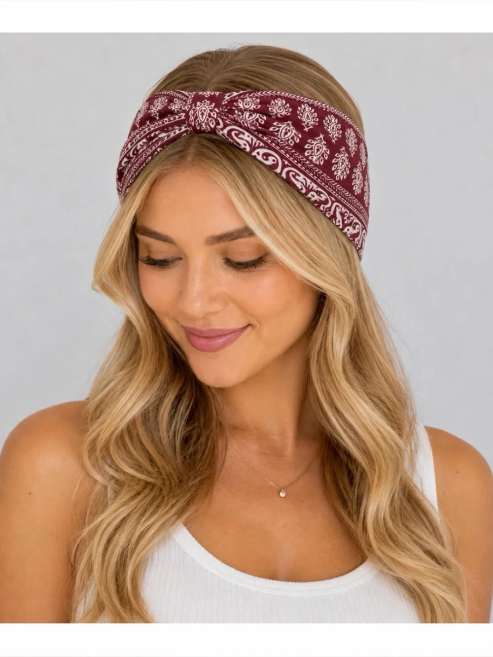 (NWOT) Burgundy/White Wide Paisley Printed Knot Stretch Fabric Headband, OS
